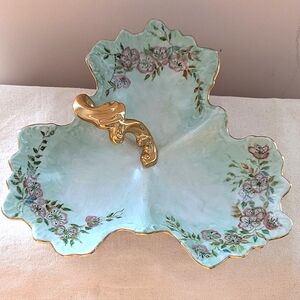 Vintage Porcelain Candy Serving Dish Gold Trim Handle Painted Floral